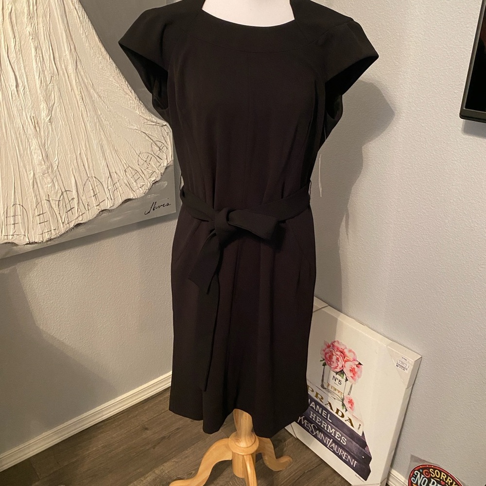 Kasper Black Sheath Dress with Tie Front and Flutter Cap Sleeves